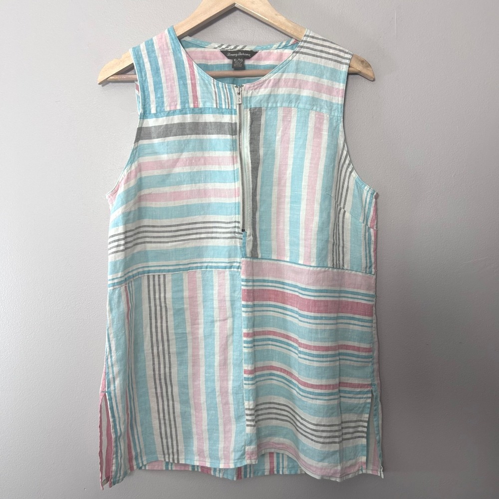 Tommy Bahama Tunic Womens XL Pink Blue Striped 100% Linen 1/4 Zip Sleeveless